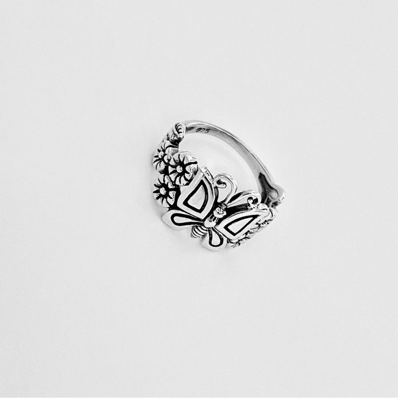 Sterling Silver Statement Butterfly and Plumeria Ring, Flower Rings, Bug Jewelry - Picture 4 of 13